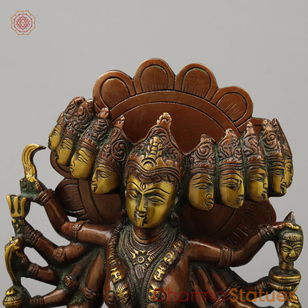 Brass Kali With Ten Heads, Golden & Copper Finish, 15.5"