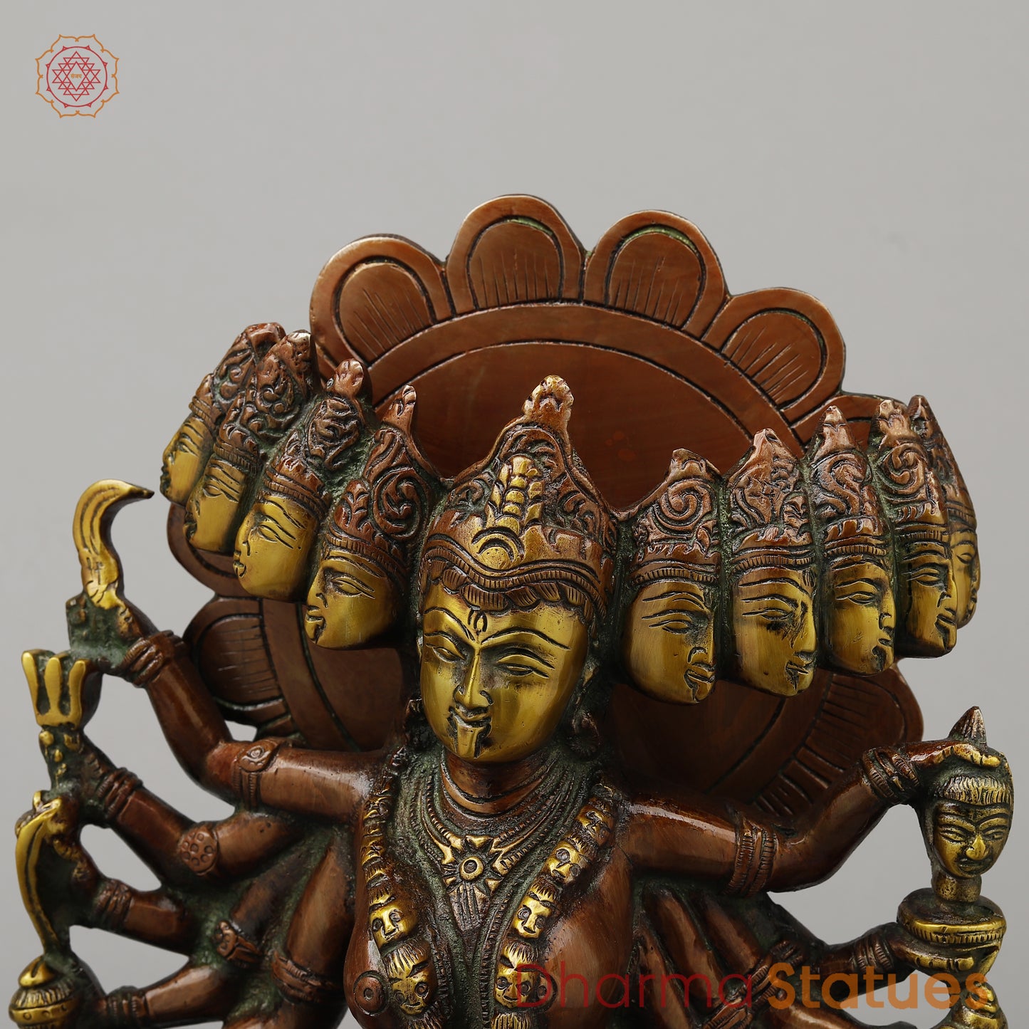 Brass Kali With Ten Heads, Golden & Copper Finish, 15.5"