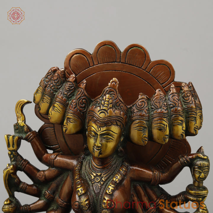 Brass Kali With Ten Heads, Golden & Copper Finish, 15.5"