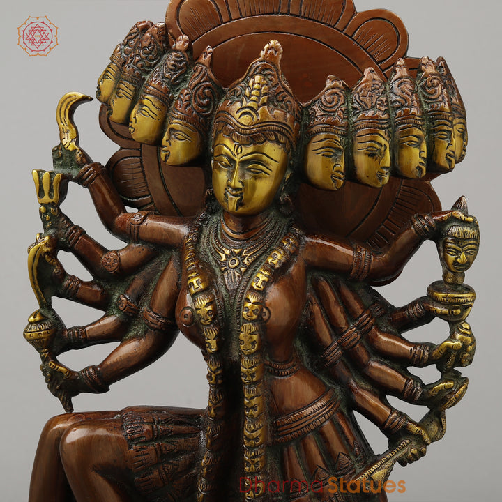 Brass Kali With Ten Heads, Golden & Copper Finish, 15.5"