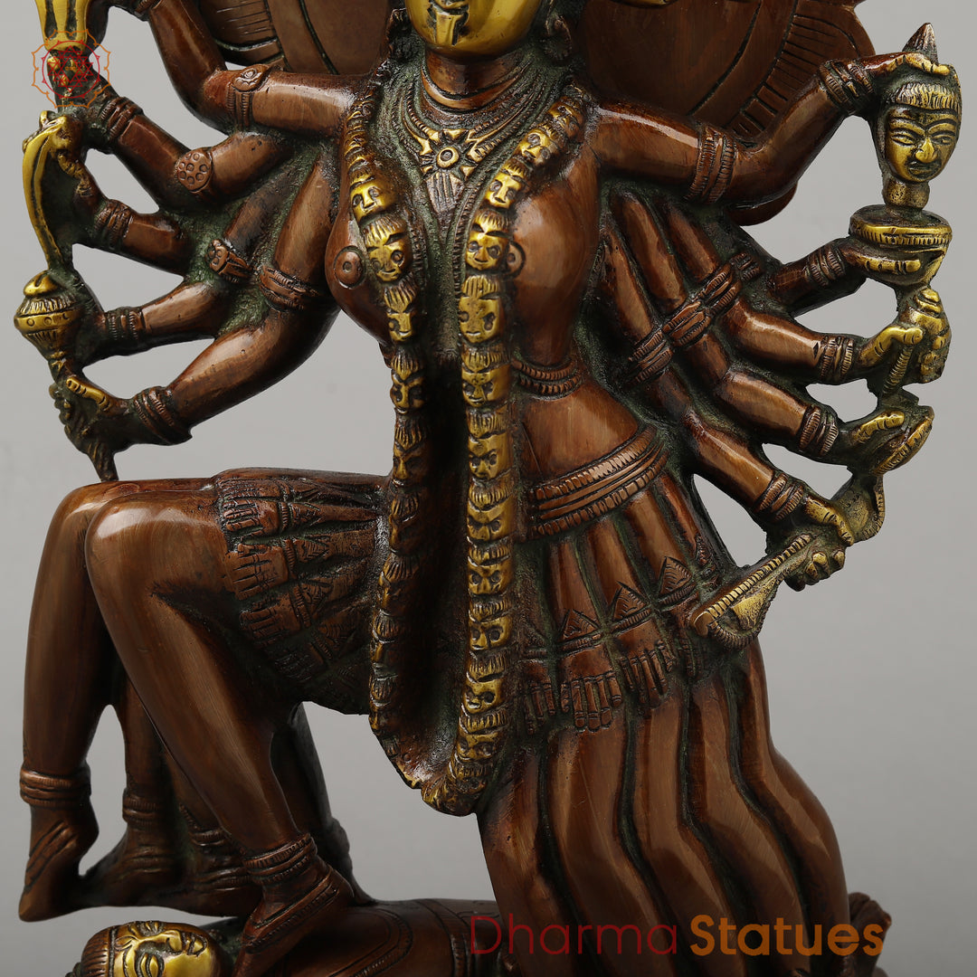 Brass Kali With Ten Heads, Golden & Copper Finish, 15.5"
