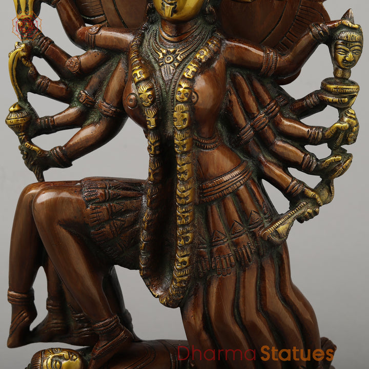 Brass Kali With Ten Heads, Golden & Copper Finish, 15.5"