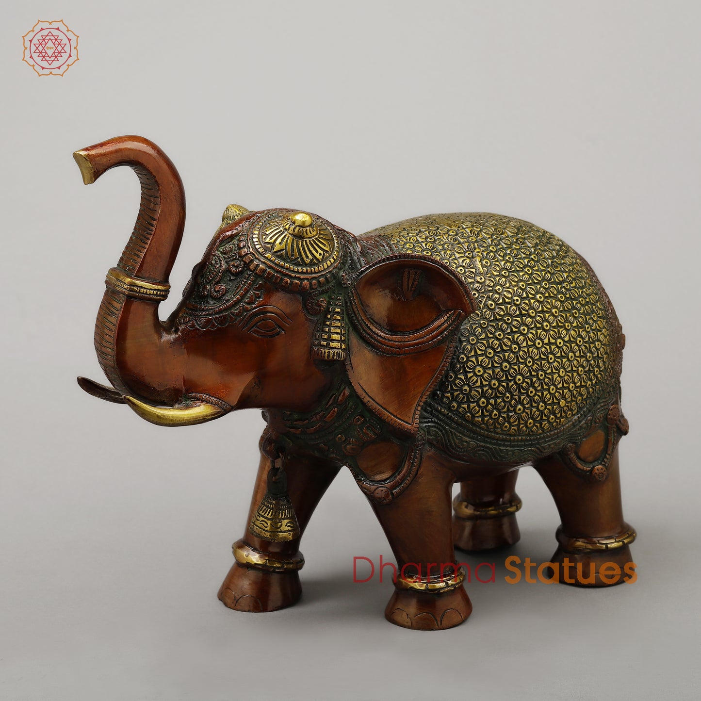 Brass Elephant with Bell, Copper & Golden Finish, 11.5"