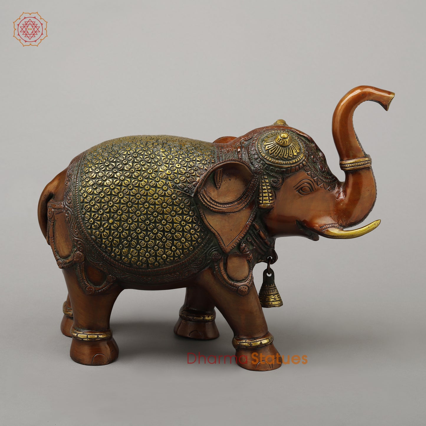 Brass Elephant with Bell, Copper & Golden Finish, 11.5"