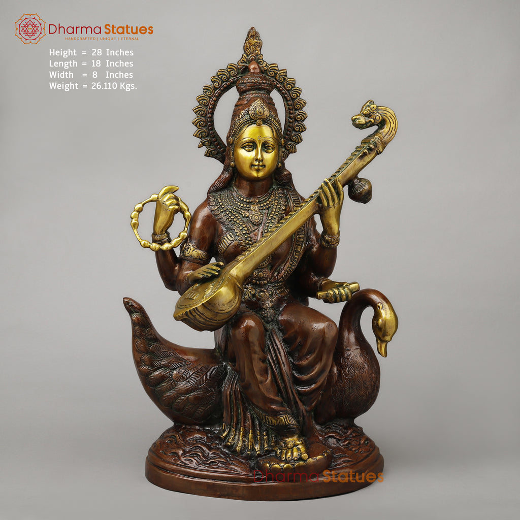 Brass Sarswati Seated on Swan, Copper & Golden Finish, 28"
