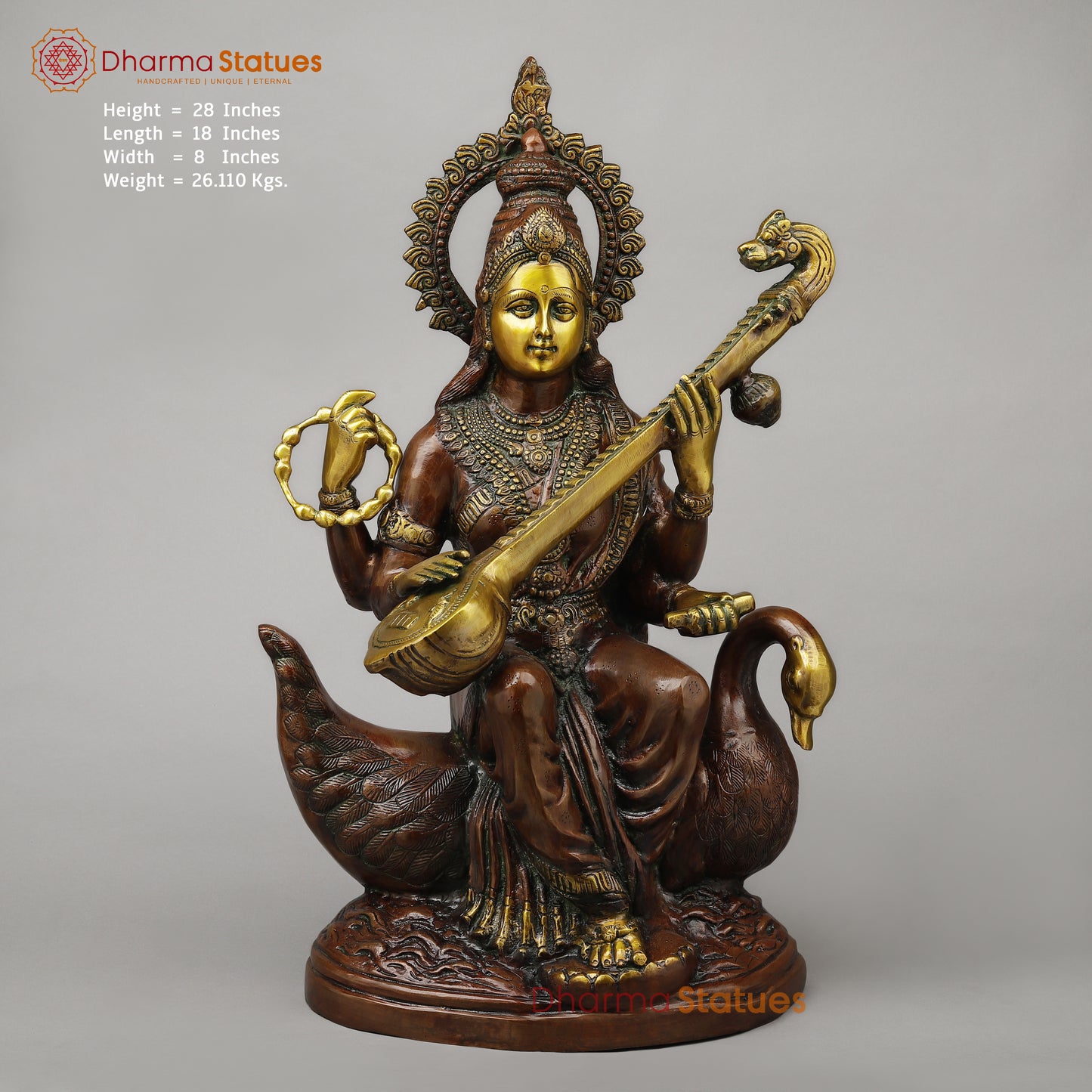 Brass Sarswati Seated on Swan, Copper & Golden Finish, 28"