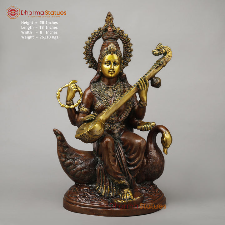 Brass Sarswati Seated on Swan, Copper & Golden Finish, 28"