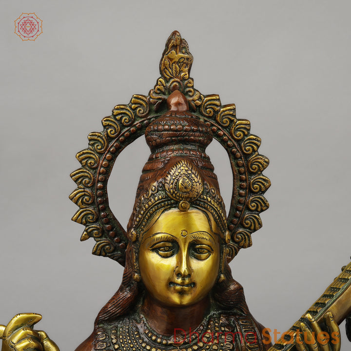 Brass Sarswati Seated on Swan, Copper & Golden Finish, 28"