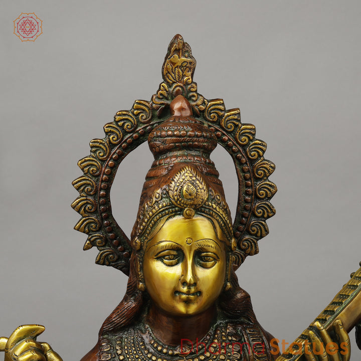 Brass Sarswati Seated on Swan, Copper & Golden Finish, 28"