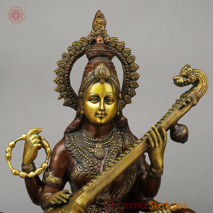 Brass Sarswati Seated on Swan, Copper & Golden Finish, 28"