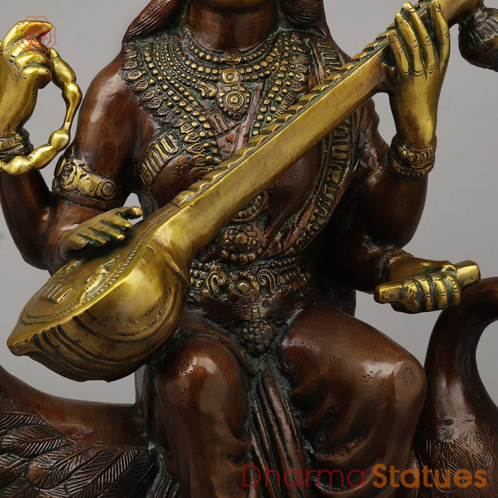 Brass Sarswati Seated on Swan, Copper & Golden Finish, 28"