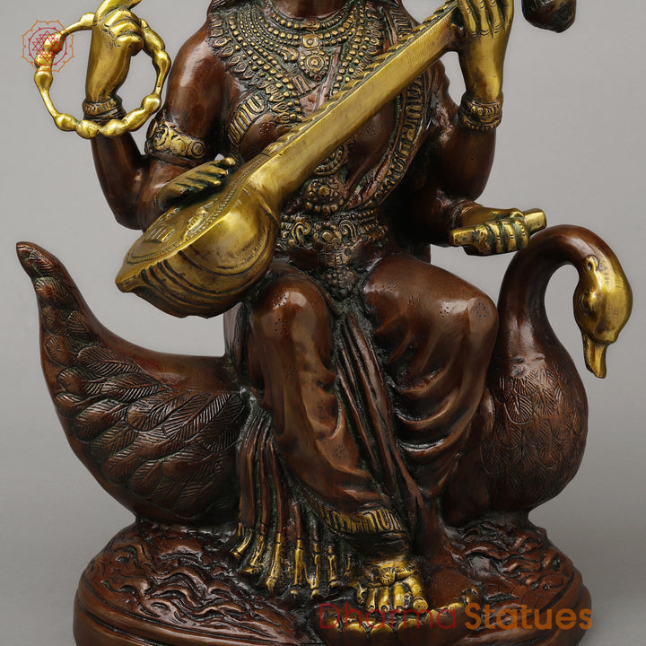 Brass Sarswati Seated on Swan, Copper & Golden Finish, 28"