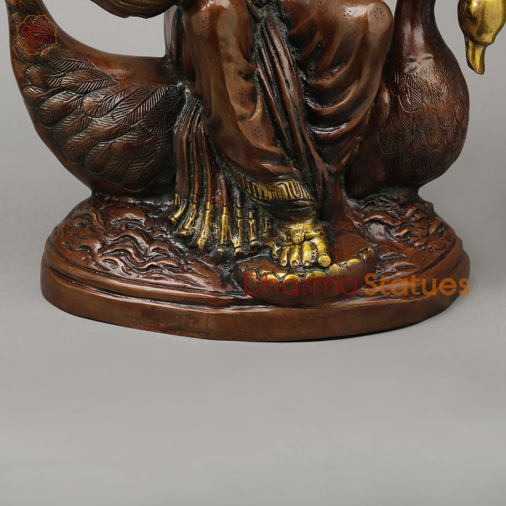 Brass Sarswati Seated on Swan, Copper & Golden Finish, 28"