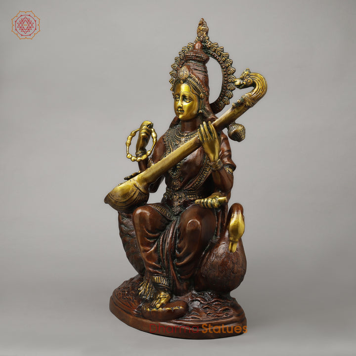 Brass Sarswati Seated on Swan, Copper & Golden Finish, 28"