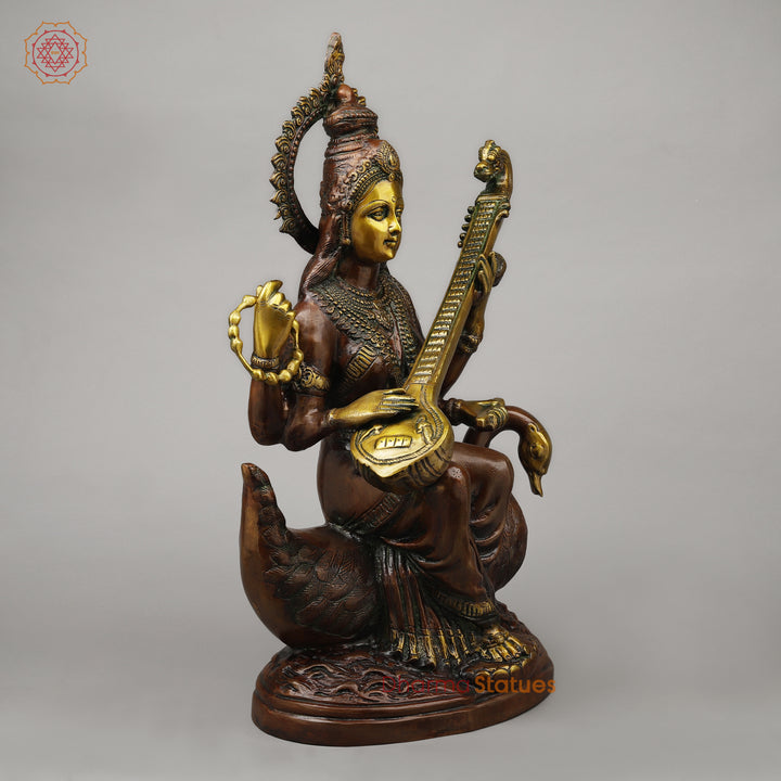 Brass Sarswati Seated on Swan, Copper & Golden Finish, 28"
