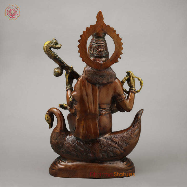Brass Sarswati Seated on Swan, Copper & Golden Finish, 28"