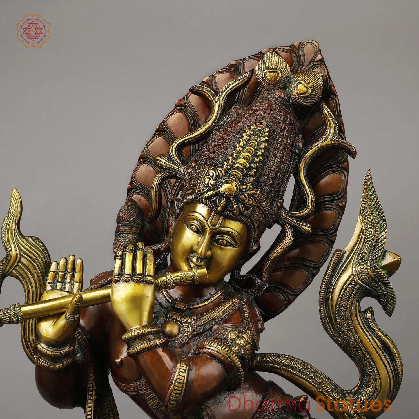 Brass Tribhanga Krishna Playing Flute, Copper & Golden Finish, 34.5"