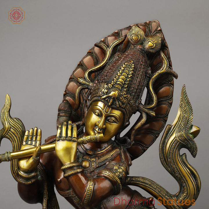 Brass Tribhanga Krishna Playing Flute, Copper & Golden Finish, 34.5"