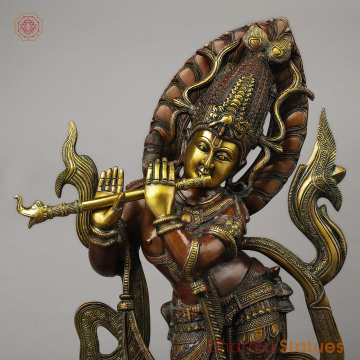 Brass Tribhanga Krishna Playing Flute, Copper & Golden Finish, 34.5"