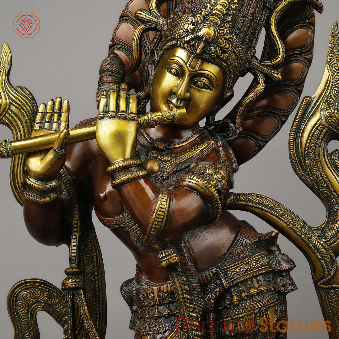 Brass Tribhanga Krishna Playing Flute, Copper & Golden Finish, 34.5"
