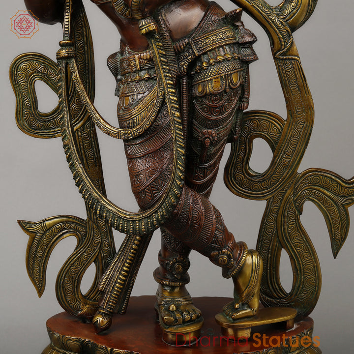 Brass Tribhanga Krishna Playing Flute, Copper & Golden Finish, 34.5"