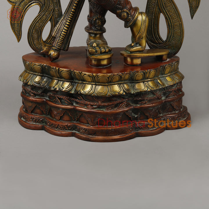 Brass Tribhanga Krishna Playing Flute, Copper & Golden Finish, 34.5"