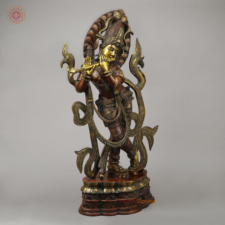 Brass Tribhanga Krishna Playing Flute, Copper & Golden Finish, 34.5"