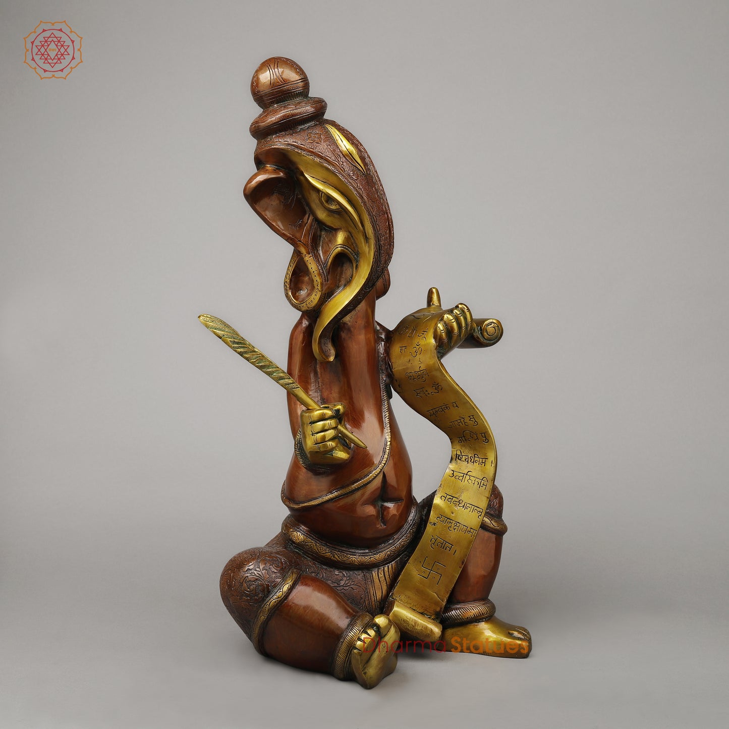 Brass Abstract Ganesh Writing Ramayana, Copper & Golden Finish, 23"
