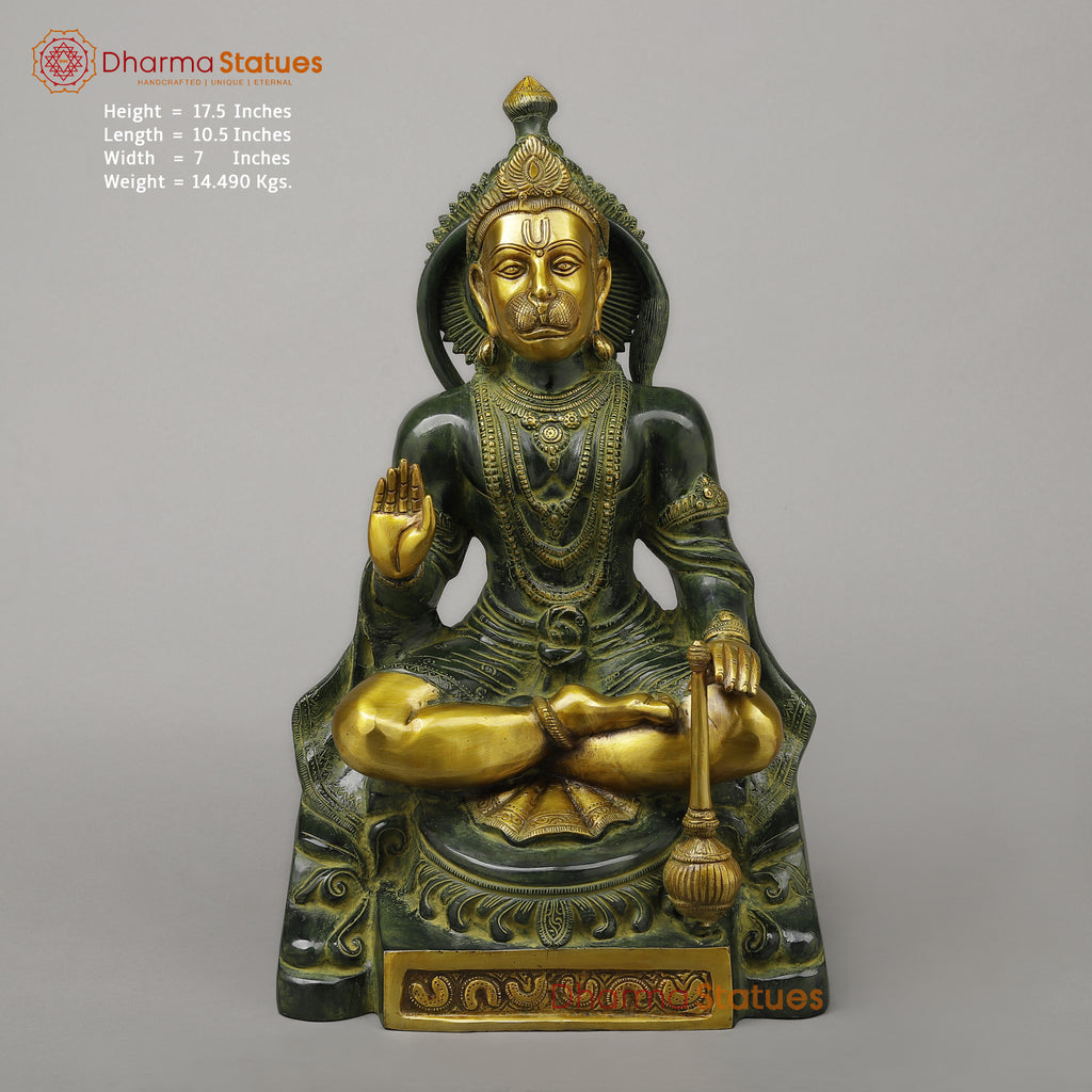 Brass Hanuman Seated in Blessing Position, Exquisite Gold & Green Patina, 17.5"