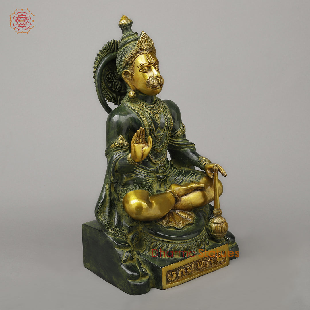 Brass Hanuman Seated in Blessing Position, Exquisite Gold & Green Patina, 17.5"