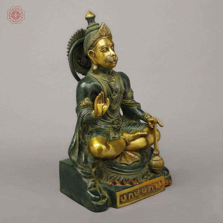 Brass Hanuman Seated in Blessing Position, Exquisite Gold & Green Patina, 17.5"