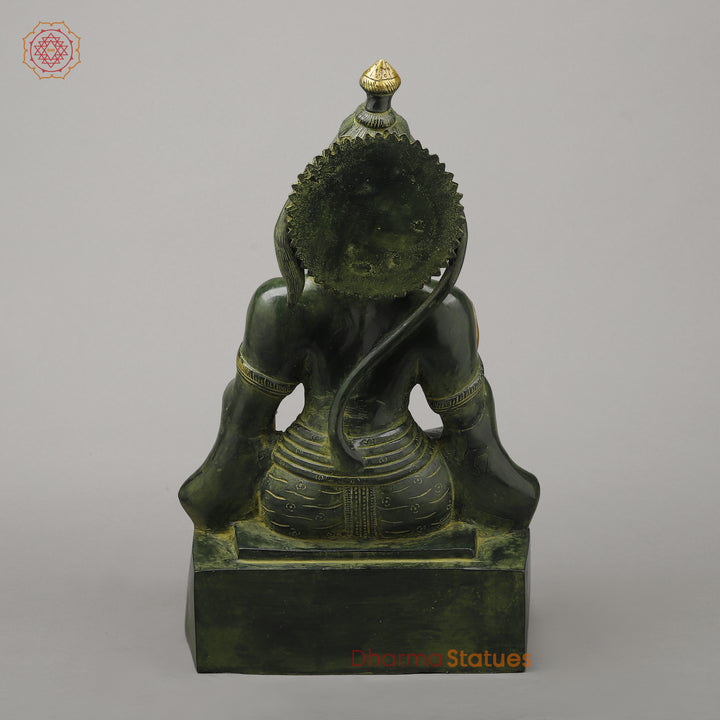Brass Hanuman Seated in Blessing Position, Exquisite Gold & Green Patina, 17.5"