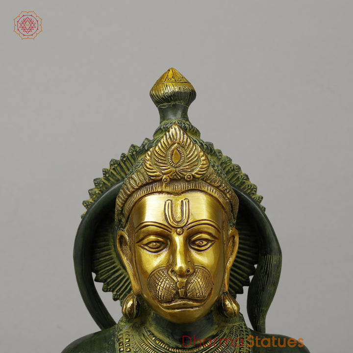 Brass Hanuman Seated in Blessing Position, Exquisite Gold & Green Patina, 17.5"