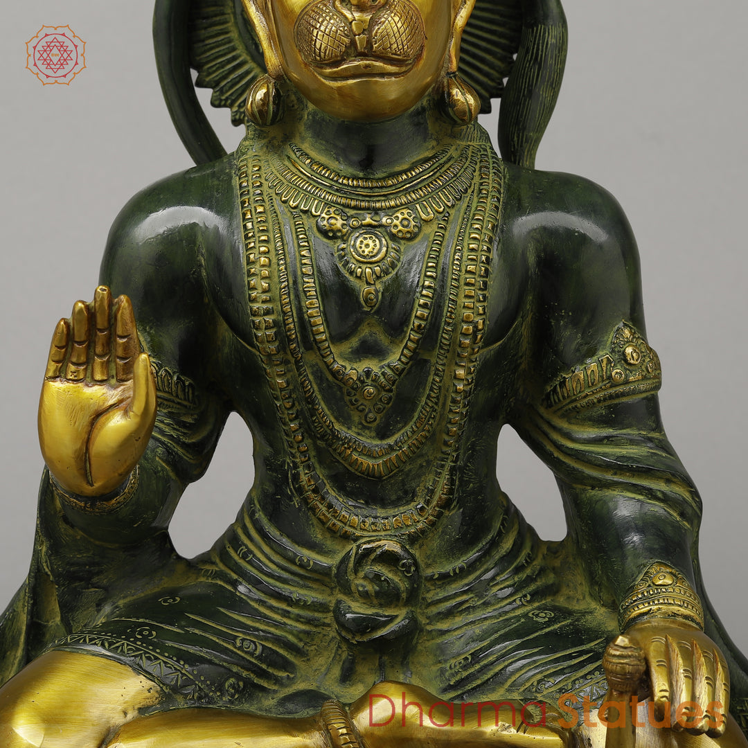Brass Hanuman Seated in Blessing Position, Exquisite Gold & Green Patina, 17.5"