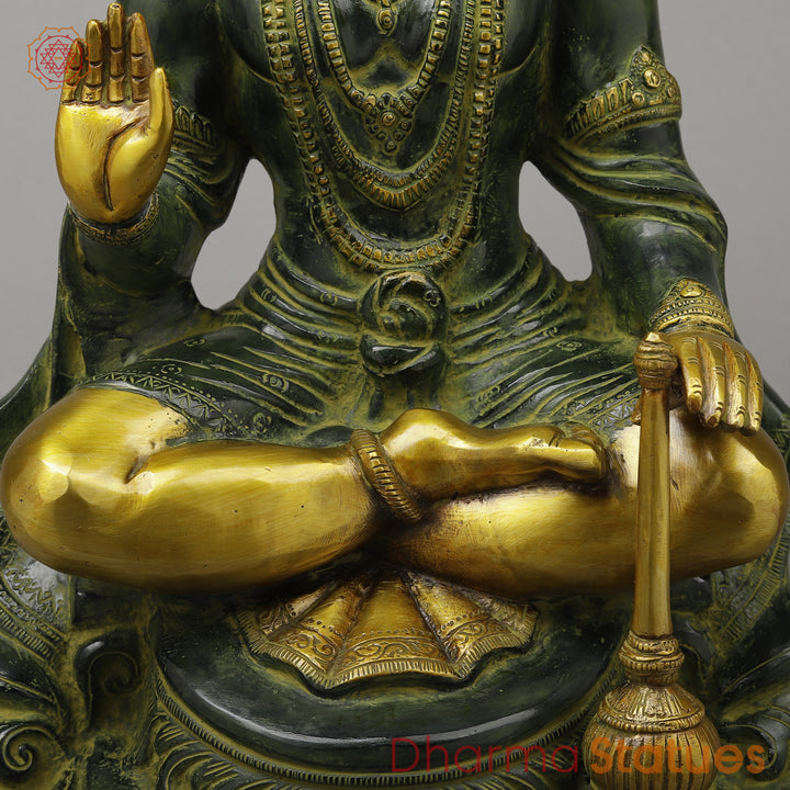 Brass Hanuman Seated in Blessing Position, Exquisite Gold & Green Patina, 17.5"