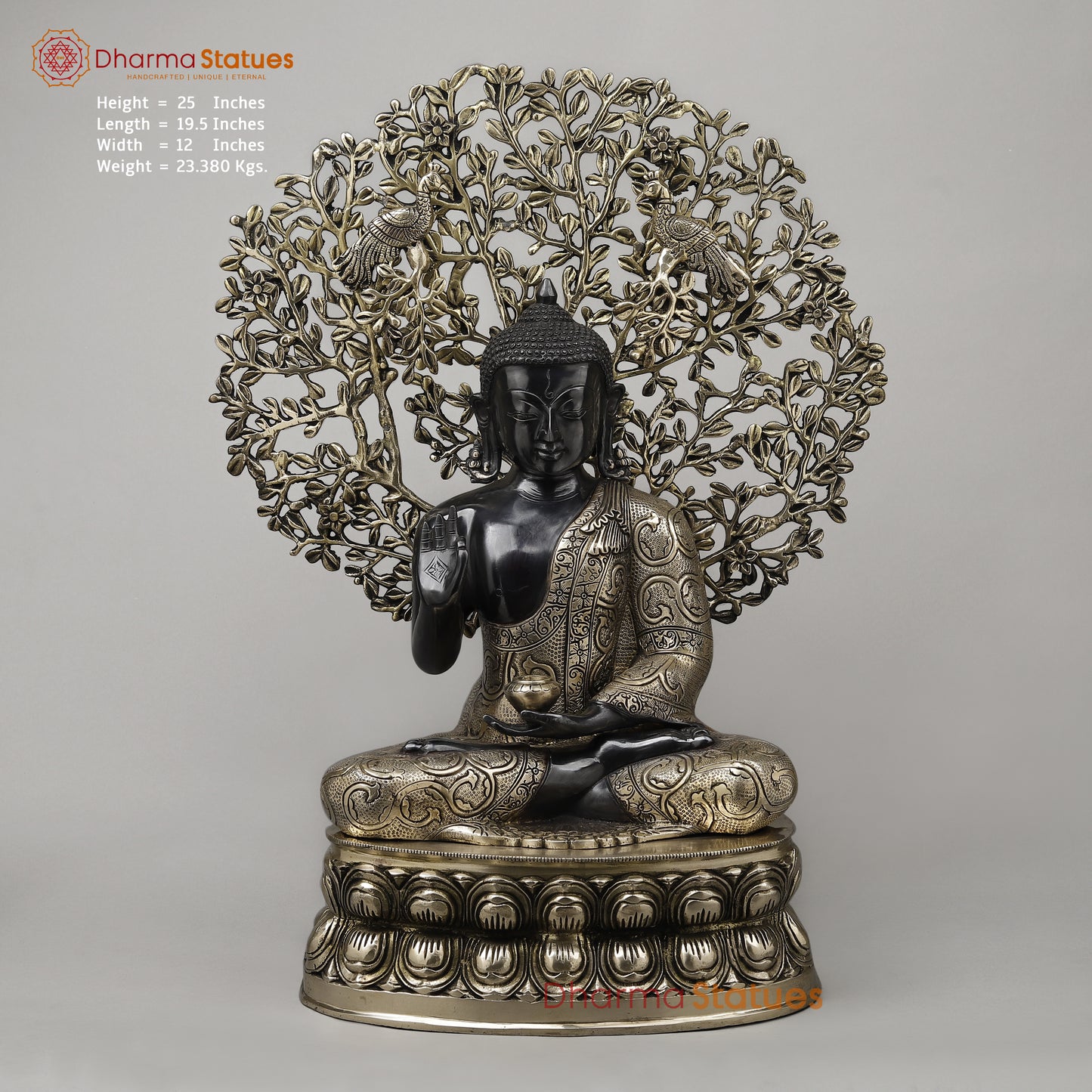 Brass Buddha Seated in Blessing Posture with Bodhi Tree, Black Patina & Golden Finish, 25"