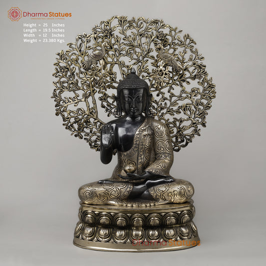 Brass Buddha Seated in Blessing Posture with Bodhi Tree, Black Patina & Golden Finish, 25"