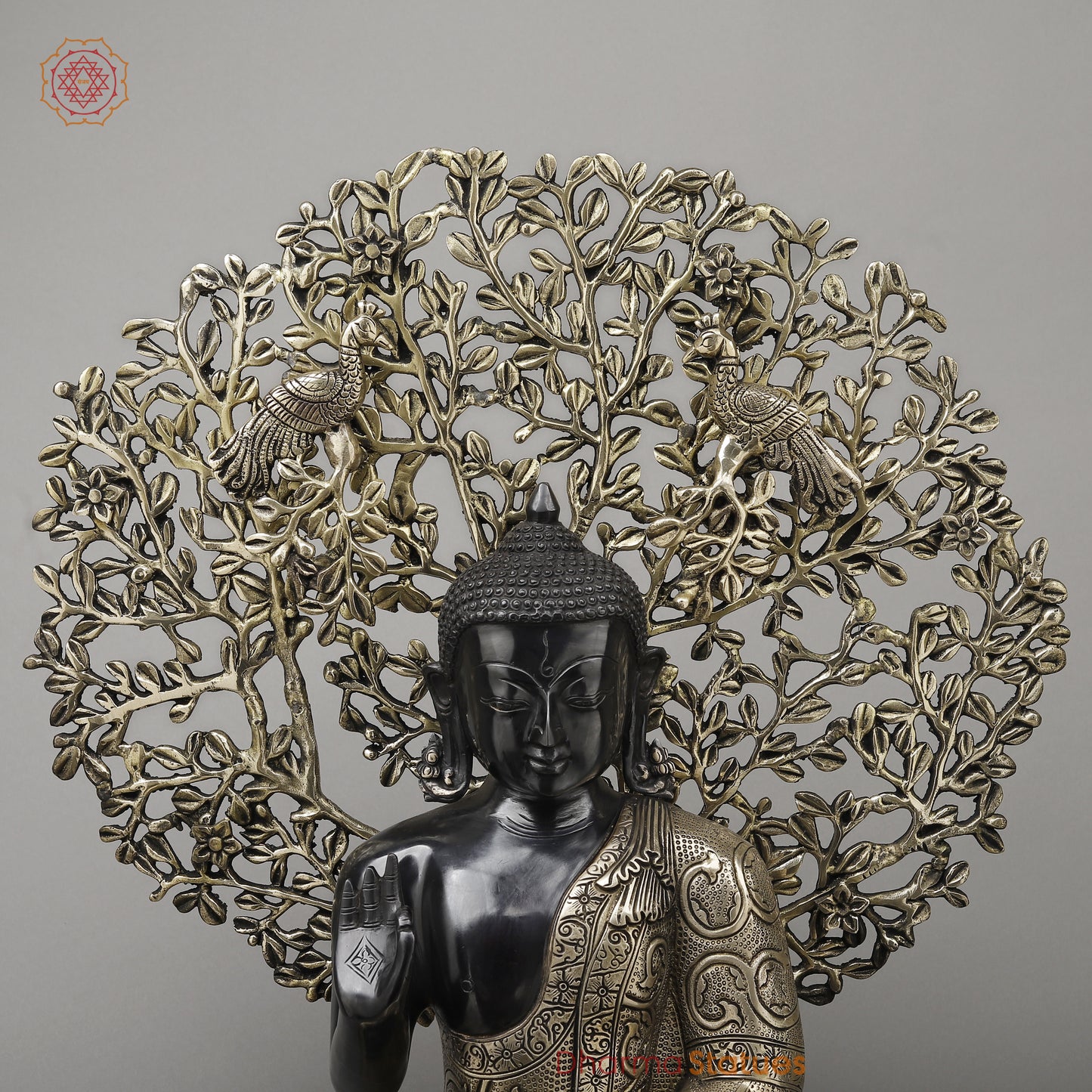 Brass Buddha Seated in Blessing Posture with Bodhi Tree, Black Patina & Golden Finish, 25"