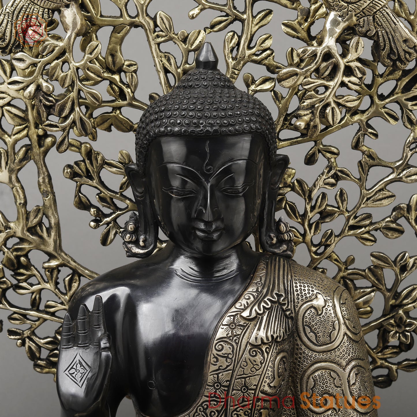Brass Buddha Seated in Blessing Posture with Bodhi Tree, Black Patina & Golden Finish, 25"