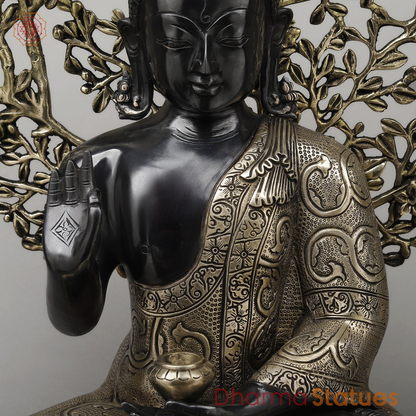 Brass Buddha Seated in Blessing Posture with Bodhi Tree, Black Patina & Golden Finish, 25"