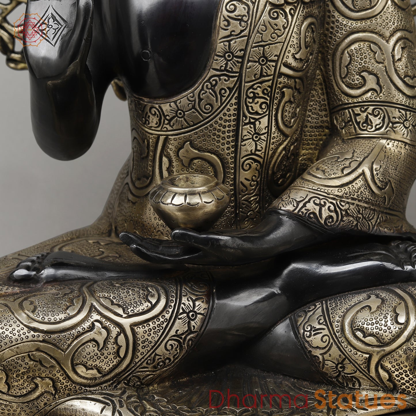 Brass Buddha Seated in Blessing Posture with Bodhi Tree, Black Patina & Golden Finish, 25"