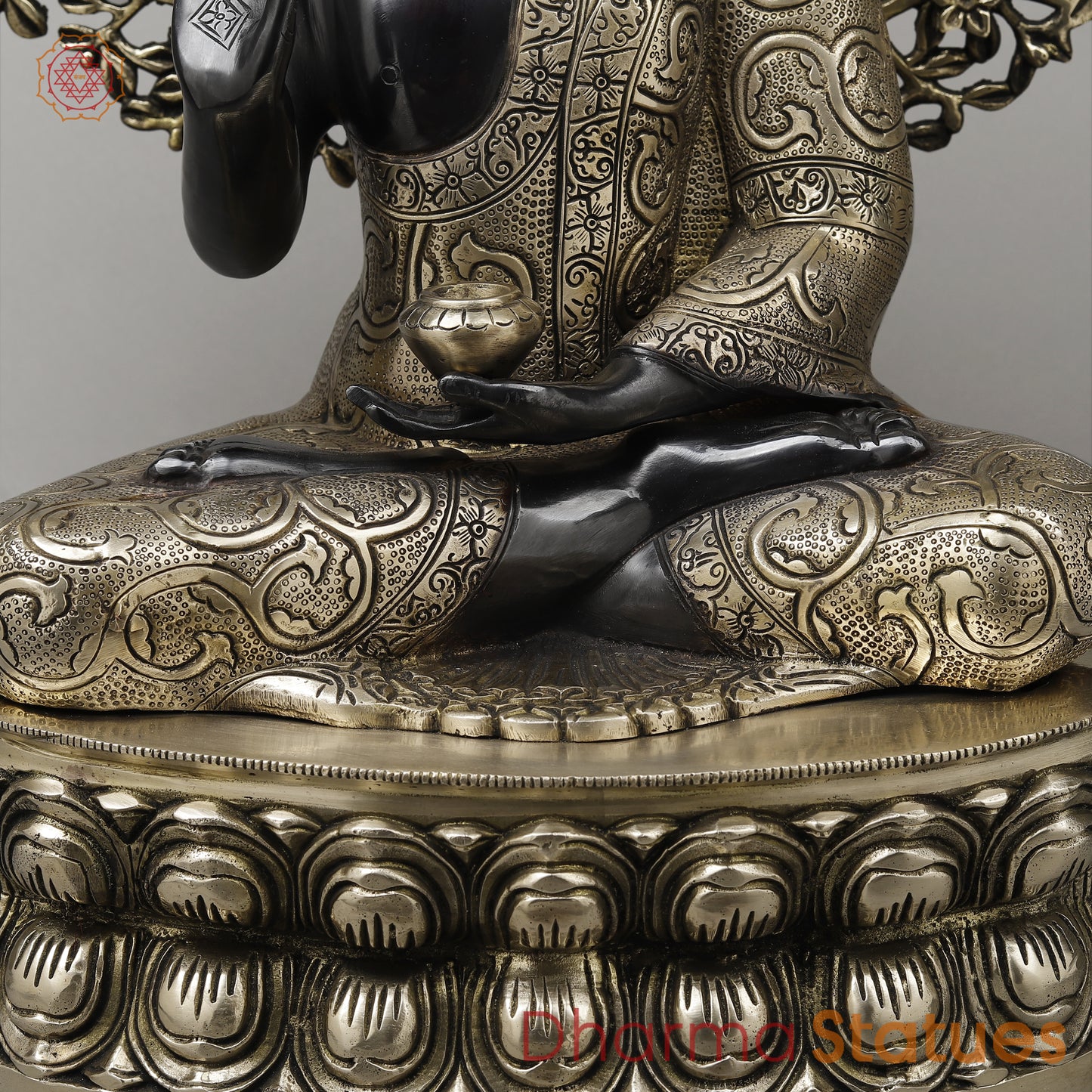 Brass Buddha Seated in Blessing Posture with Bodhi Tree, Black Patina & Golden Finish, 25"