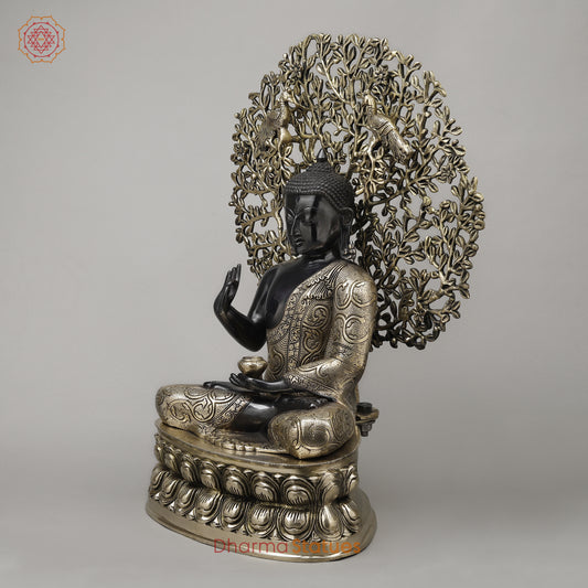 Brass Buddha Seated in Blessing Posture with Bodhi Tree, Black Patina & Golden Finish, 25"