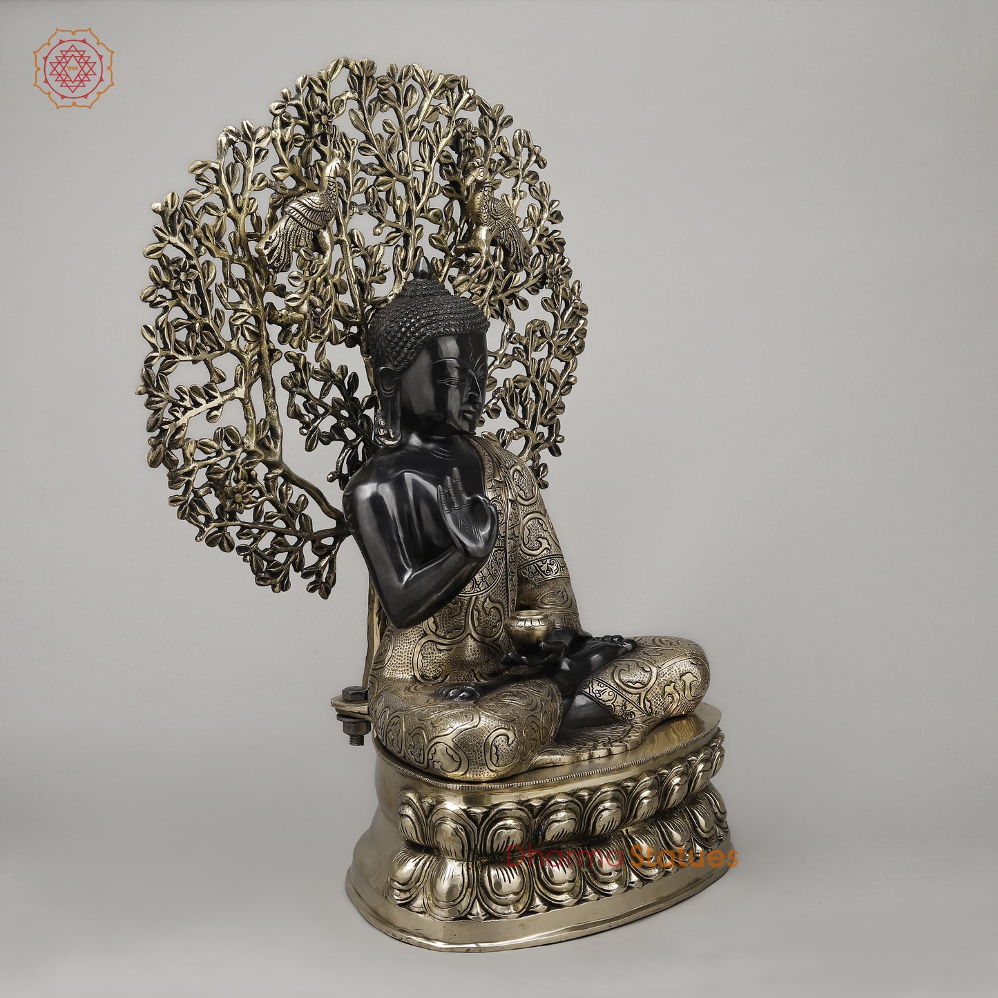Brass Buddha Seated in Blessing Posture with Bodhi Tree, Black Patina & Golden Finish, 25"