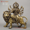 Brass Durga with 8 Arms Seated on Lion, Dark Golden Finish, 26.5"