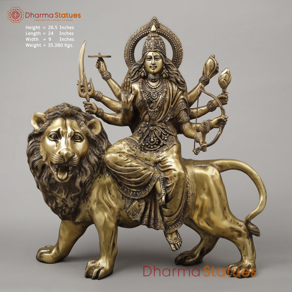 Brass Durga with 8 Arms Seated on Lion, Dark Golden Finish, 26.5"