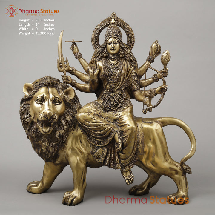 Brass Durga with 8 Arms Seated on Lion, Dark Golden Finish, 26.5"