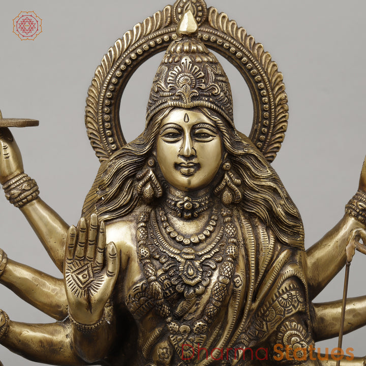 Brass Durga with 8 Arms Seated on Lion, Dark Golden Finish, 26.5"