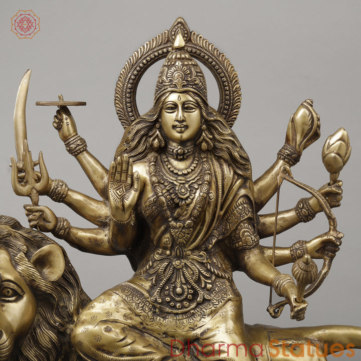 Brass Durga with 8 Arms Seated on Lion, Dark Golden Finish, 26.5"