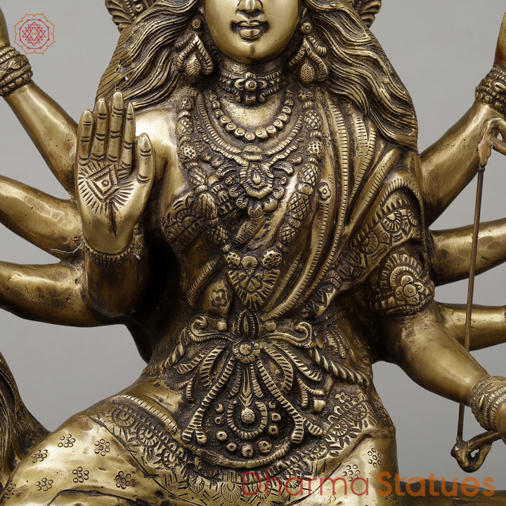 Brass Durga with 8 Arms Seated on Lion, Dark Golden Finish, 26.5"